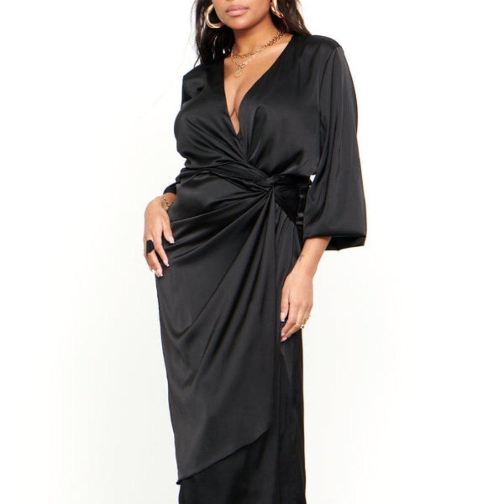 Never Fully Dressed Black Satin Wrap Dress - Size 8, Black